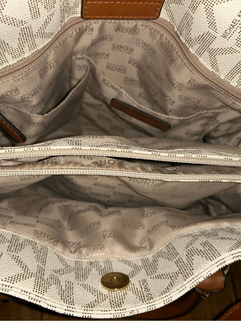Michael Kors Hamilton Cream MK Monogram Satchel with Tan Leather Accents
